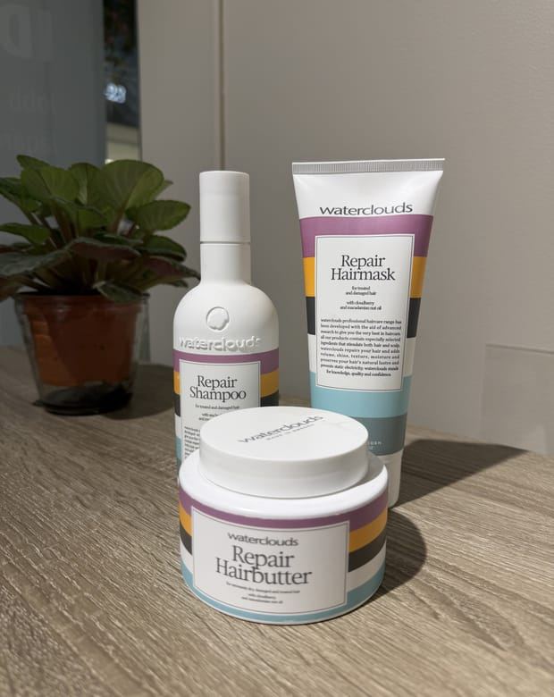 Waterclouds Repair schampo, hårmask och hairbutter — säljs hos Kvarnens Klippotek, frisör i Uppsala